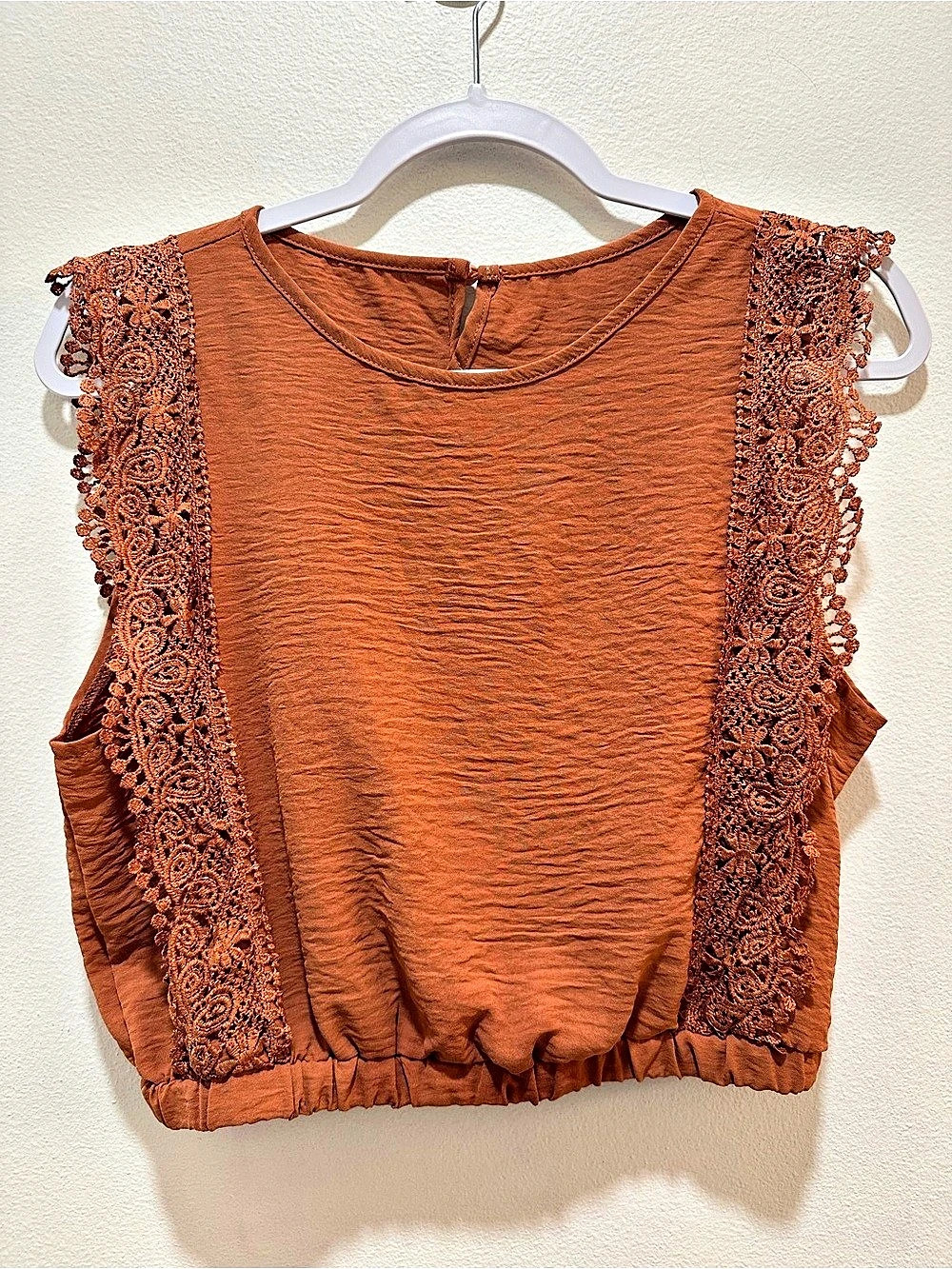 Burnt Orange Crochet Lace Trim Blouson Top Sleeveless Small Pumpkin Spice Fall
